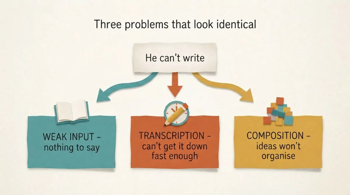 Diagram showing one symptom, he can't write, branching into weak input, transcription bottleneck and composition weakness