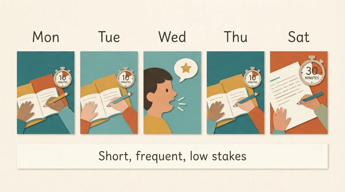 A weekly routine strip showing three ten minute writing bursts, one talk-only day and one longer Saturday piece