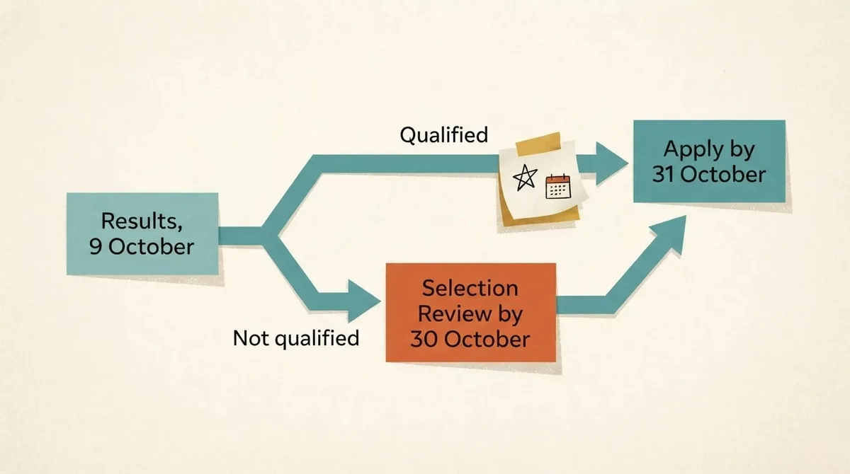 Decision path from results day showing qualified and not-qualified routes both leading to the 31 October application deadline