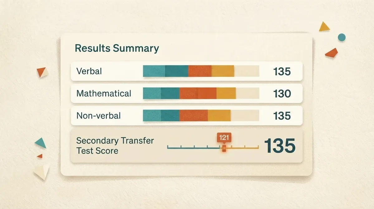 Diagram of a Secondary Transfer Test results report showing verbal, mathematical and non-verbal section scores alongside the total score and the 121 qualifying mark