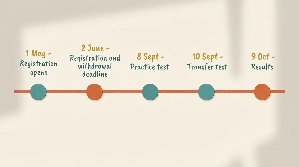 Timeline of the Buckinghamshire Secondary Transfer Test year showing registration, withdrawal, practice test, test day and results milestones