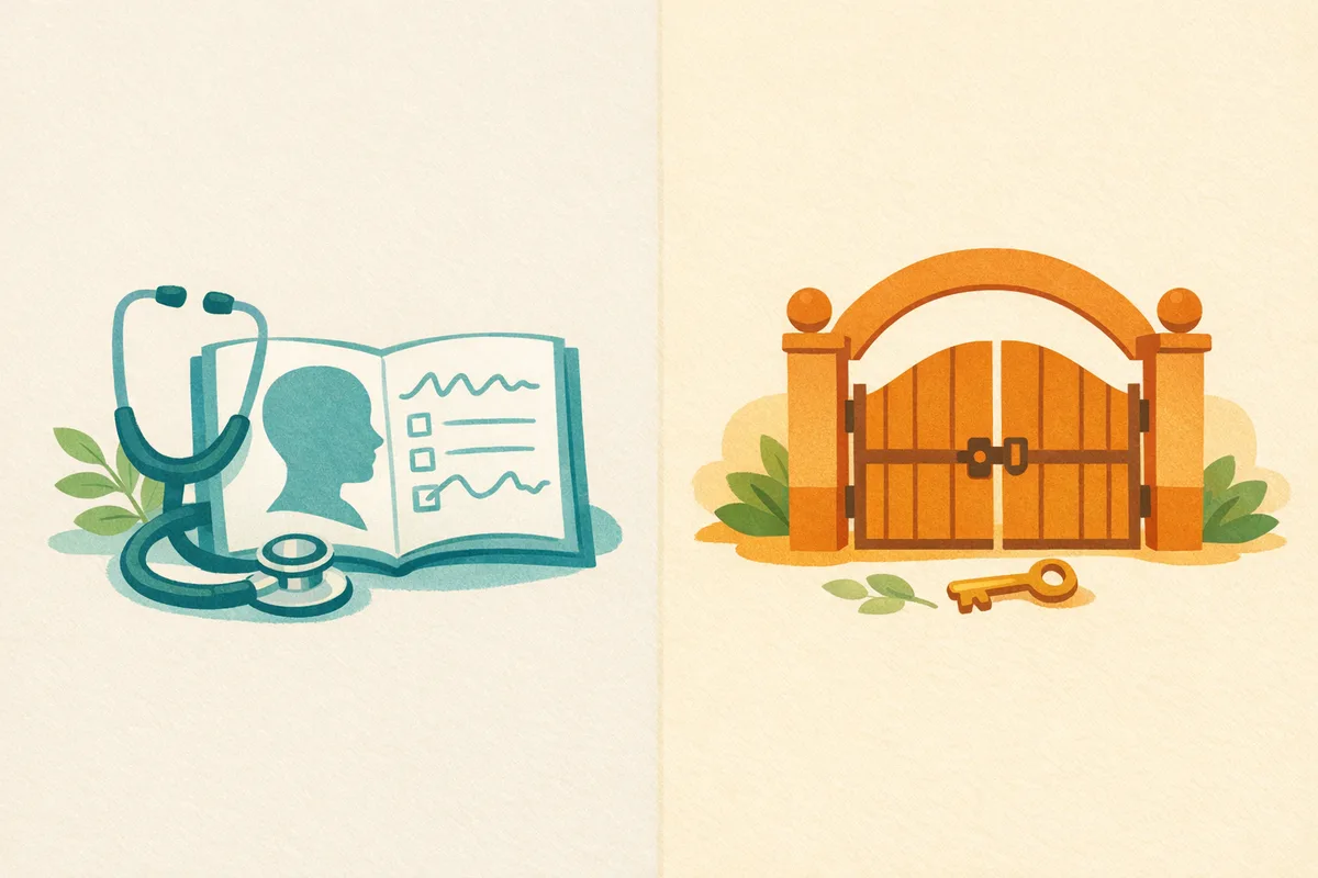 Split illustration with a stethoscope and profile chart on one side and a school gateway with a key on the other