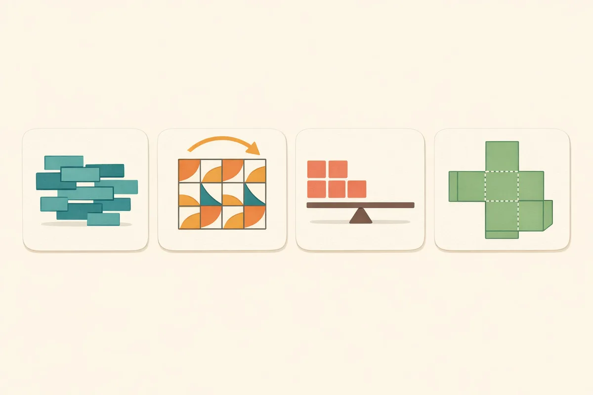 Four illustrated panels showing the CAT4 reasoning types: word shapes, rotating geometric patterns, number tiles with a balance beam, and an unfolded cube net