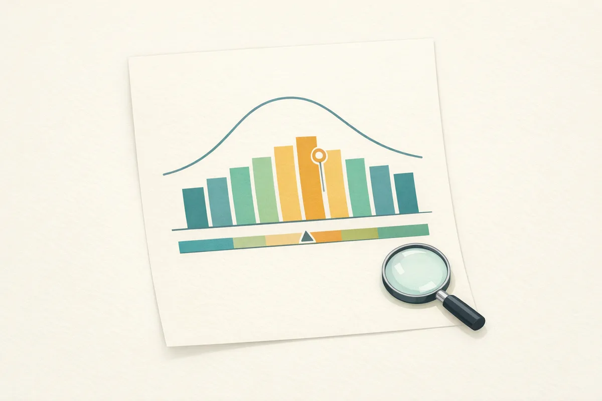 An illustrated score report showing a bell curve above nine coloured bands with one band highlighted by a pointer