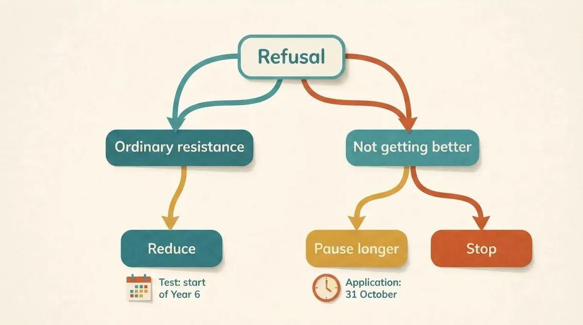 Decision diagram splitting refusal into reduce, pause longer or stop, with test and application dates marked