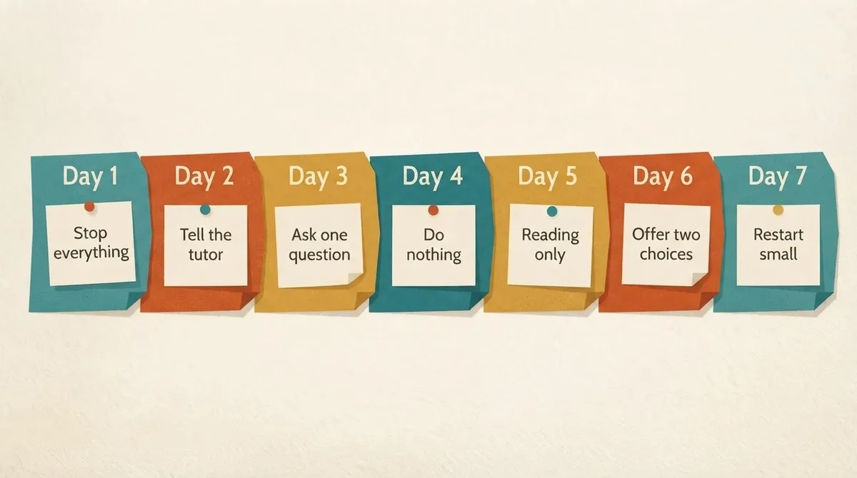 Seven-day planner strip with one short instruction per day for pausing 11 plus practice