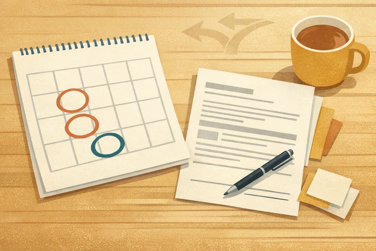Overhead illustration of a calendar with circled dates beside an application form, a pen and a mug of tea