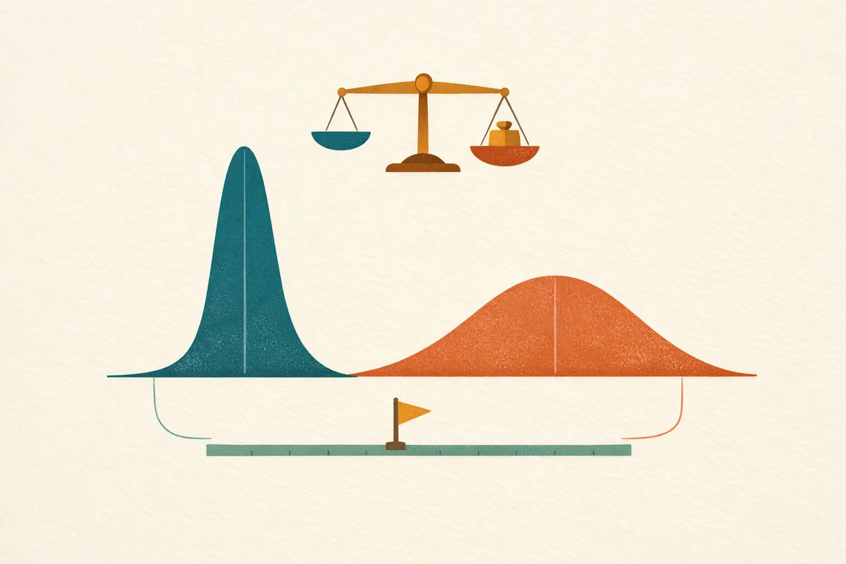 Abstract illustration of two bell curves of different widths beside unequal weighing scales