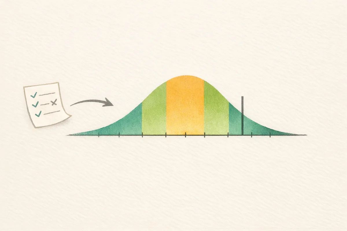 Illustration of a marked paper flowing into a shaded bell curve, representing conversion from a raw score to a standardised score