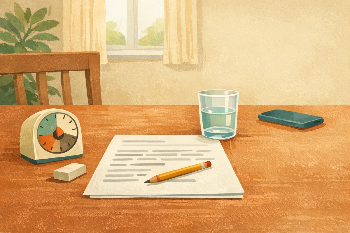 Illustration of a quiet dining table set up for a timed practice paper with a timer and a face-down phone