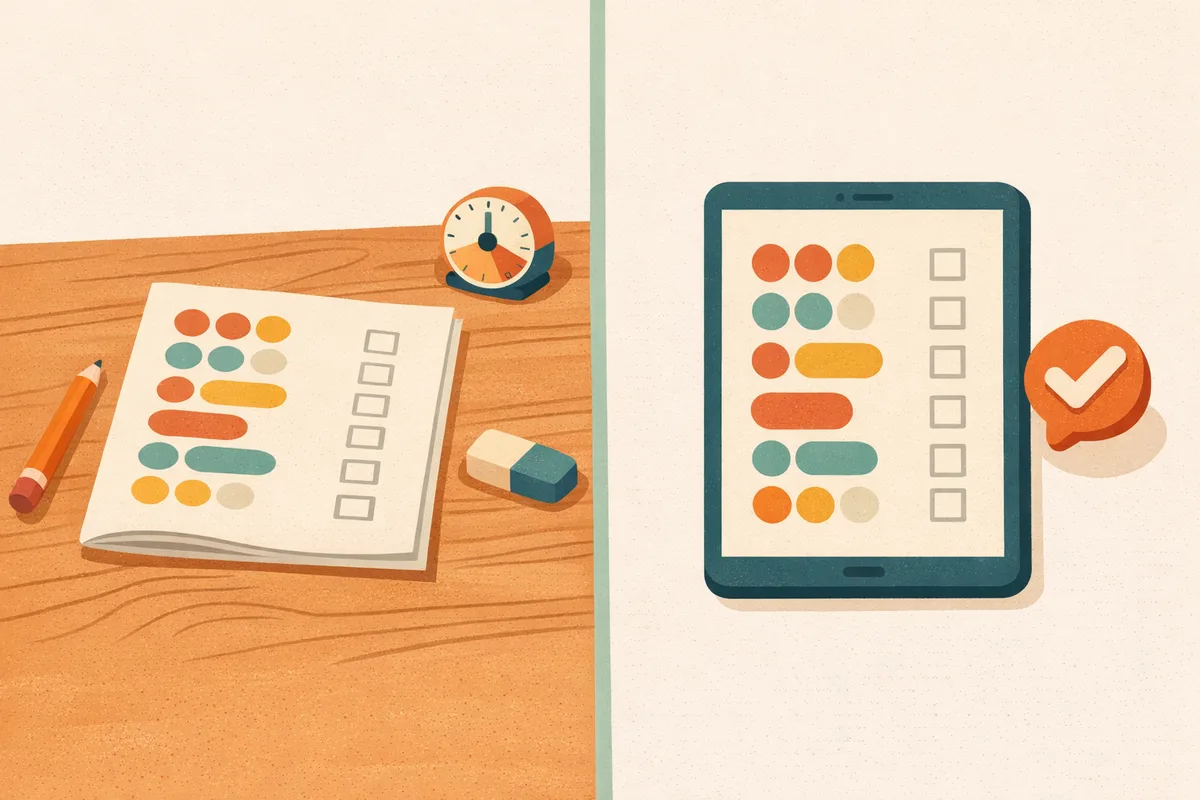 Split illustration: a printed booklet with pencil and timer on the left, the same paper as a tablet screen with answer bubbles and a tick badge on the right