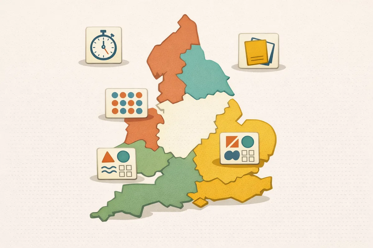 Abstract map of English regions in soft rounded shapes with floating icons for timing, booklets, multiple choice bubbles and pattern questions