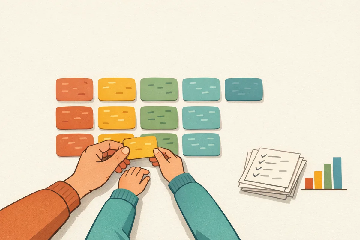 Overhead view of adult and child hands placing a card on an abstract twelve week planning grid beside a marked paper and a rising bar chart