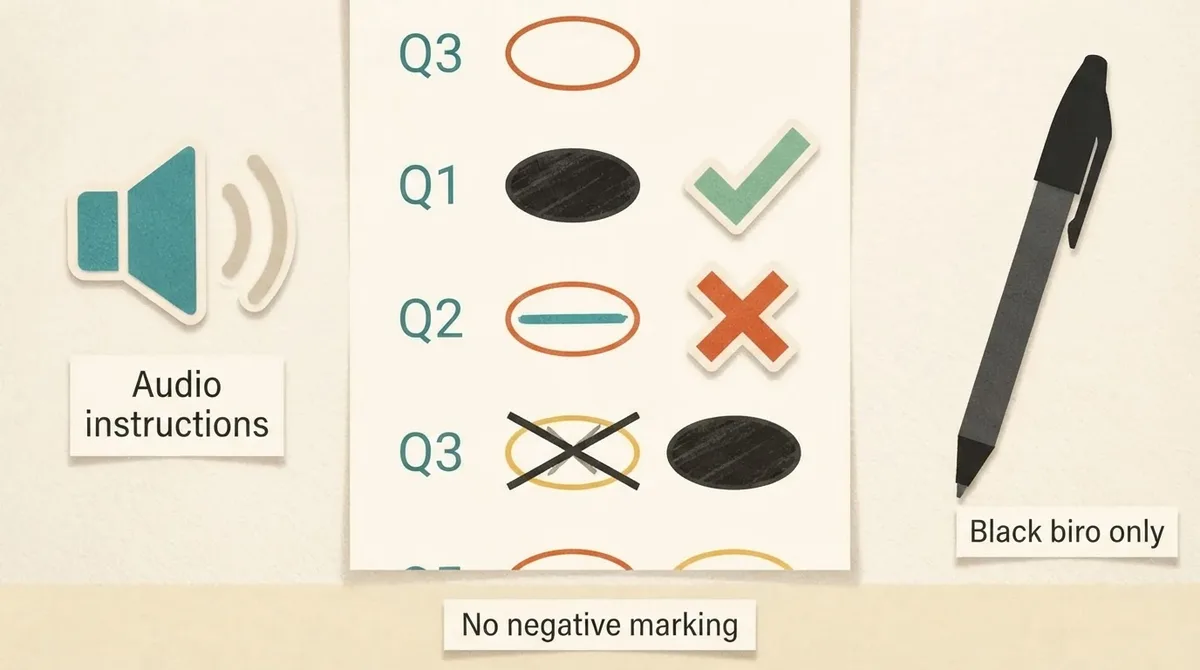 Answer sheet rules showing audio instructions, a fully shaded oval versus a rejected line, and a black ballpoint pen
