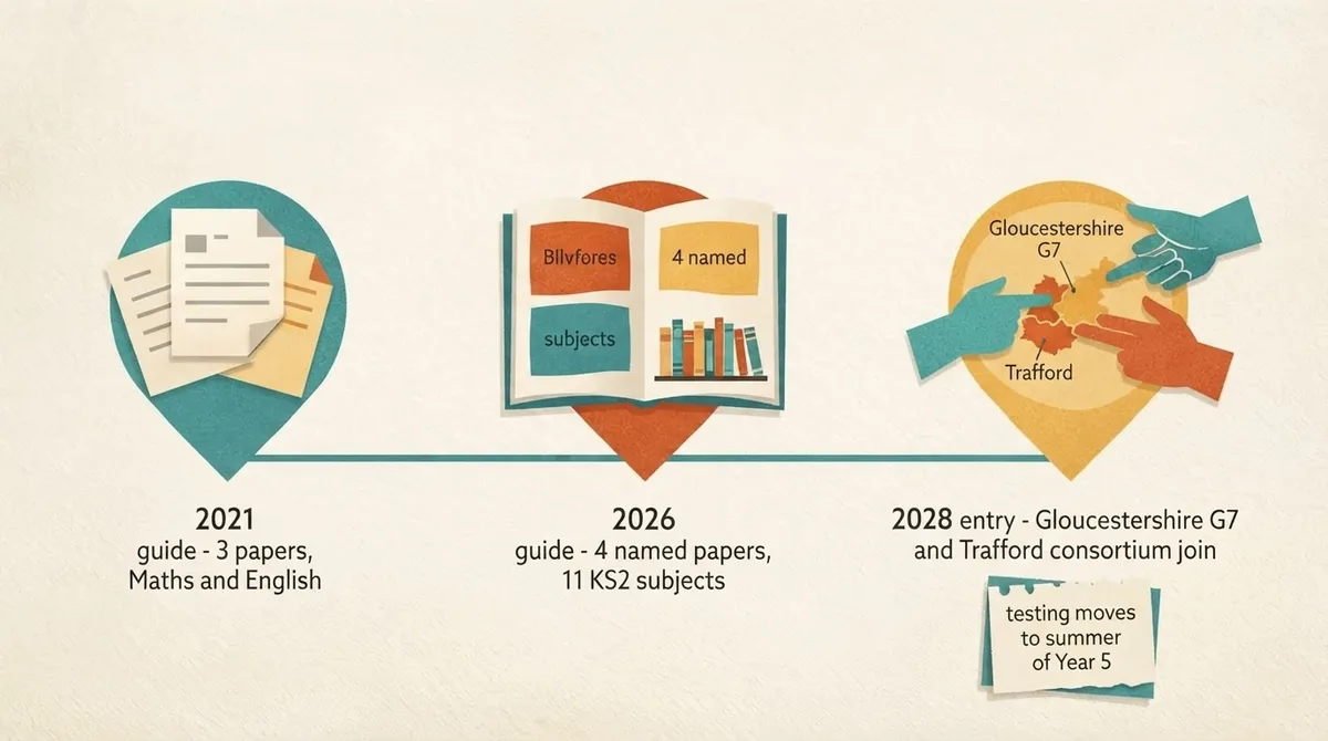 Timeline showing the 2021 three-paper format, the 2026 four-paper format, and 2028 entry changes for Gloucestershire and Trafford