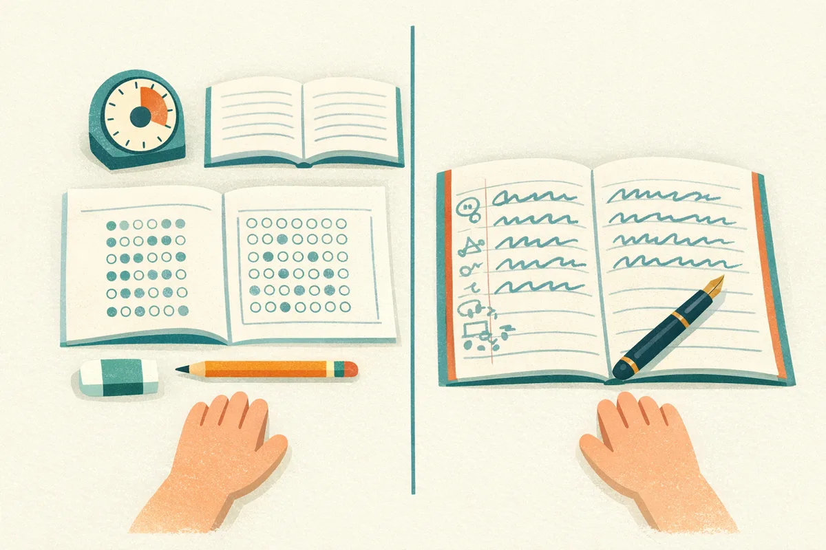 Two contrasting desk setups side by side, one with a multiple choice booklet and separate bubble answer sheet, the other with a lined written answer booklet and pen