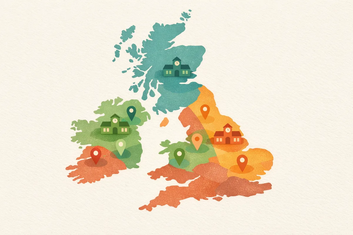 Illustrated map of the United Kingdom divided into soft colour regions with location pins and small school buildings, representing regional differences in 11 plus exam boards
