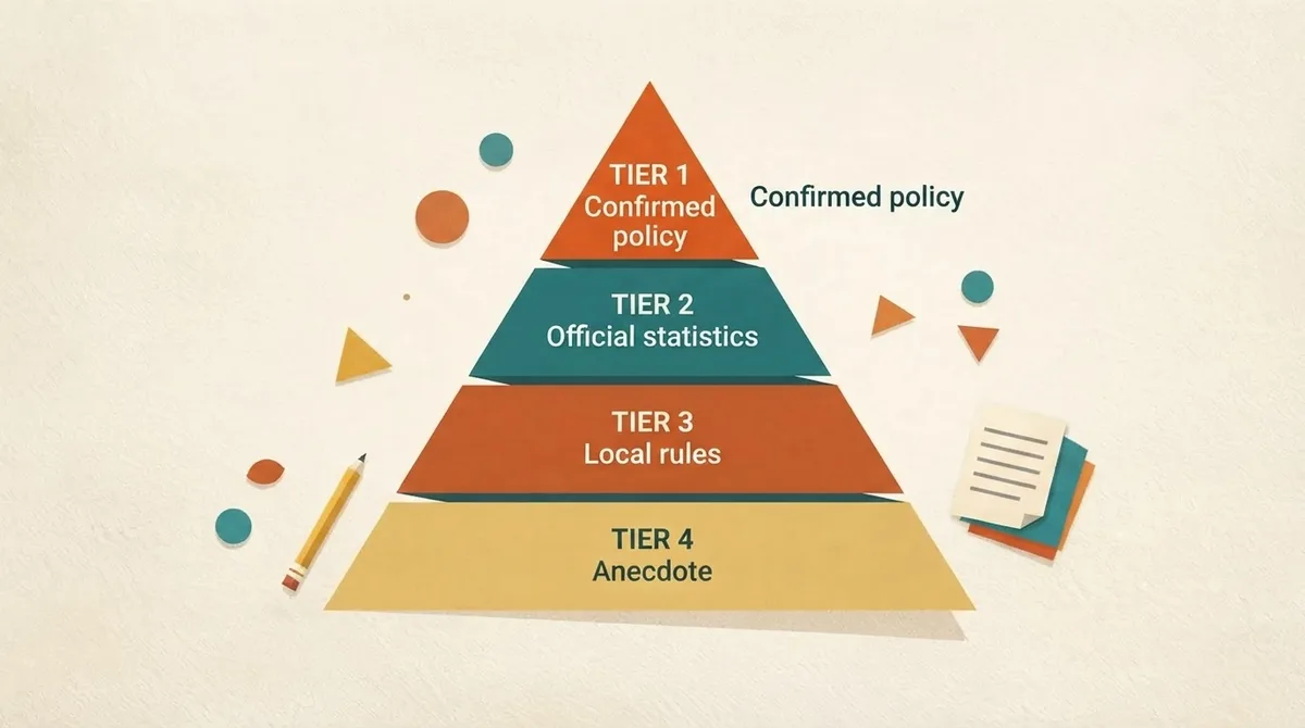 Four-tier evidence pyramid for grammar school demand claims, from confirmed policy at the top down to anecdote at the base