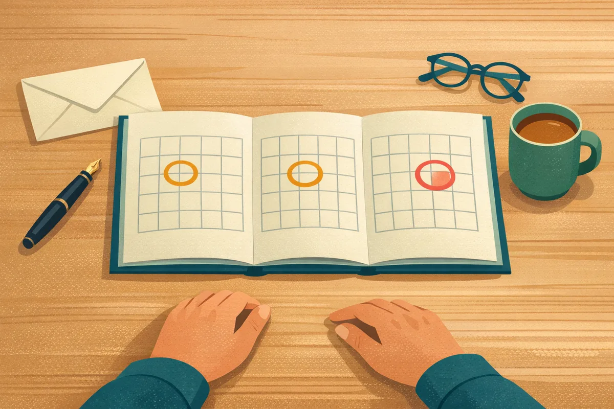 Overhead view of a desk with a wall planner, circled dates, an envelope, a pen and a mug of tea