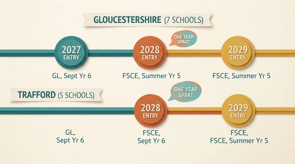 Timeline comparing Gloucestershire and Trafford switching to FSCE across 2027, 2028 and 2029 entry