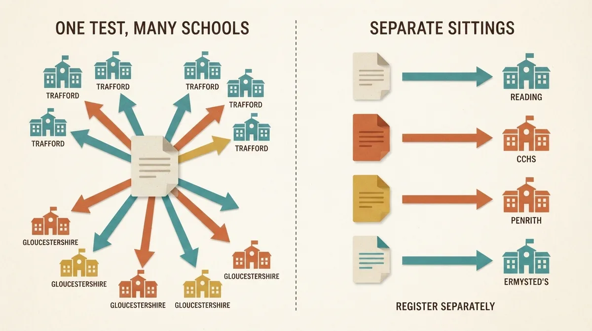 Diagram contrasting one shared 11 plus test across a consortium with separate standalone sittings at individual schools