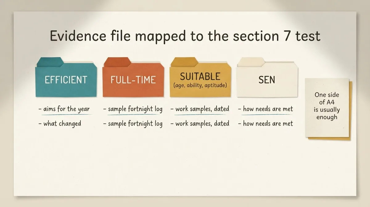 Evidence folder tabs labelled efficient, full-time, suitable and SEN with sample contents