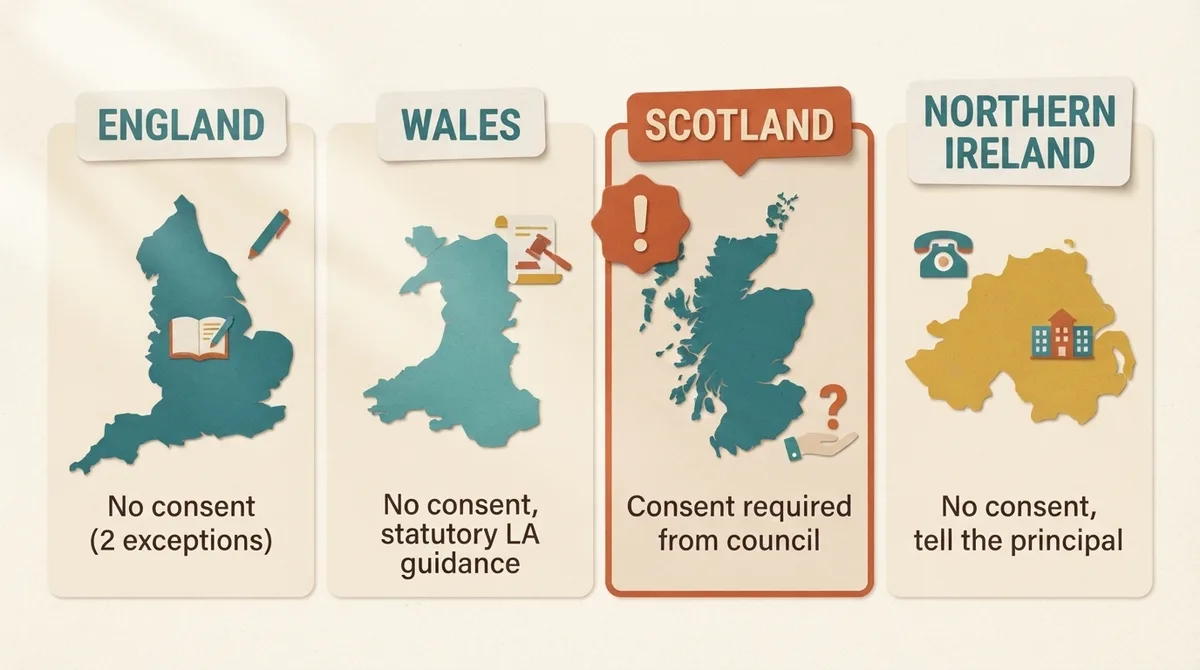 Four-panel comparison of home education consent rules across England, Wales, Scotland and Northern Ireland