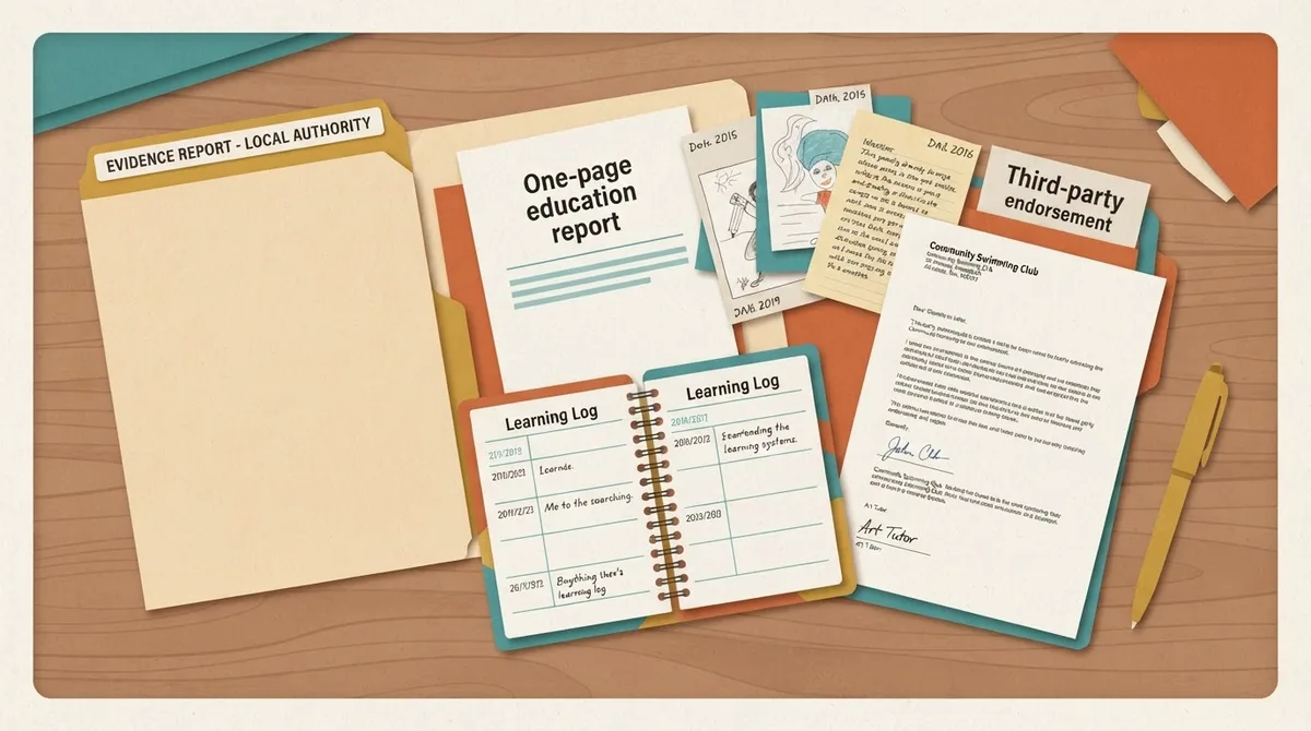 Overhead view of a home education evidence folder containing a one-page report, dated work samples, a learning log and letters from clubs