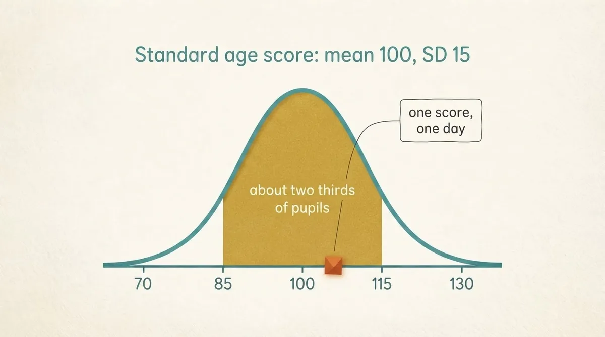 Bell curve showing a standard age score distribution with the range 85 to 115 shaded as about two thirds of pupils