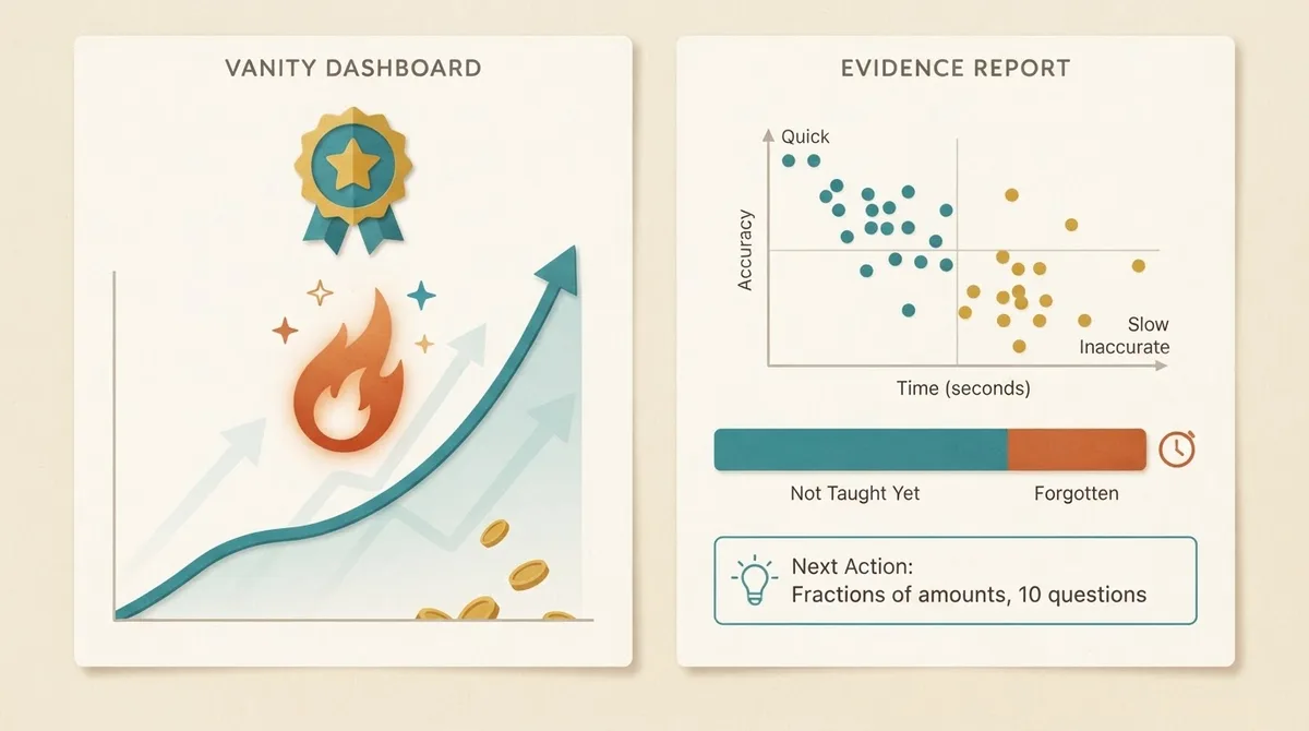 Comparison of a badge-and-streak vanity dashboard against an evidence-based progress report