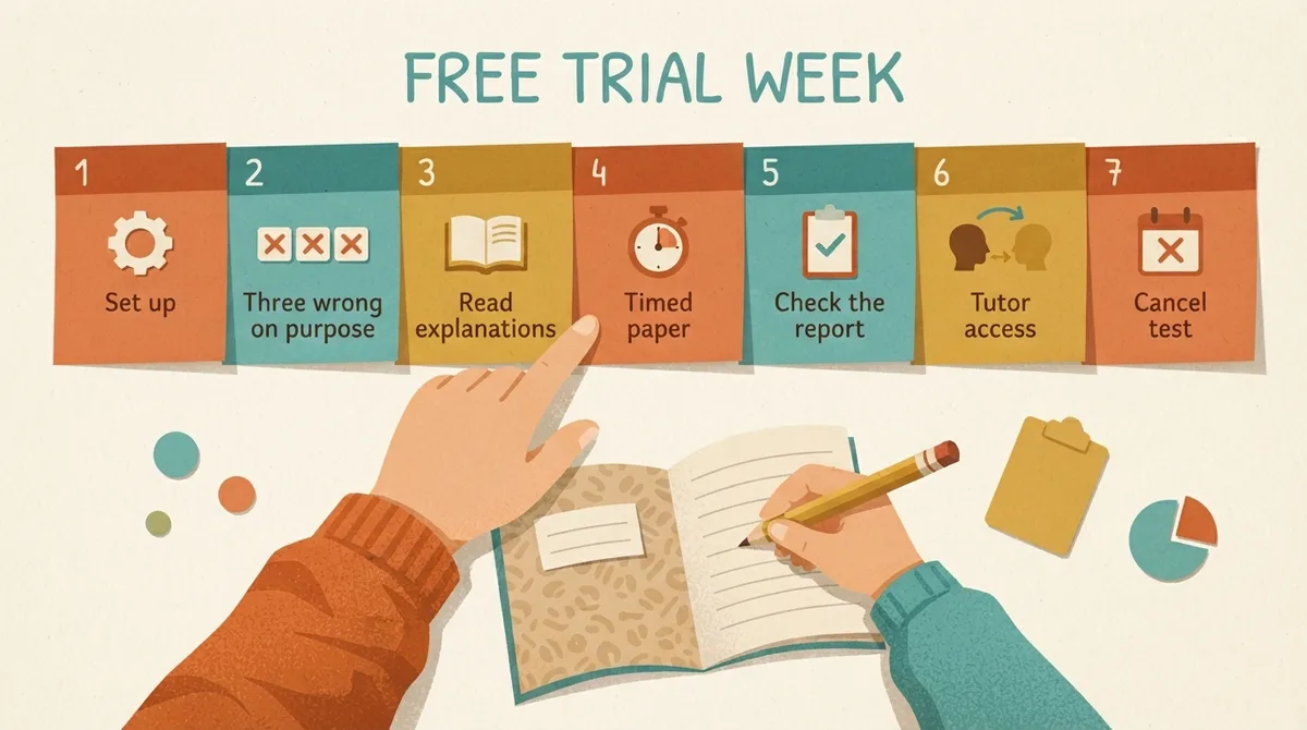 Seven-day calendar strip showing one trial task for each day of a free-trial week