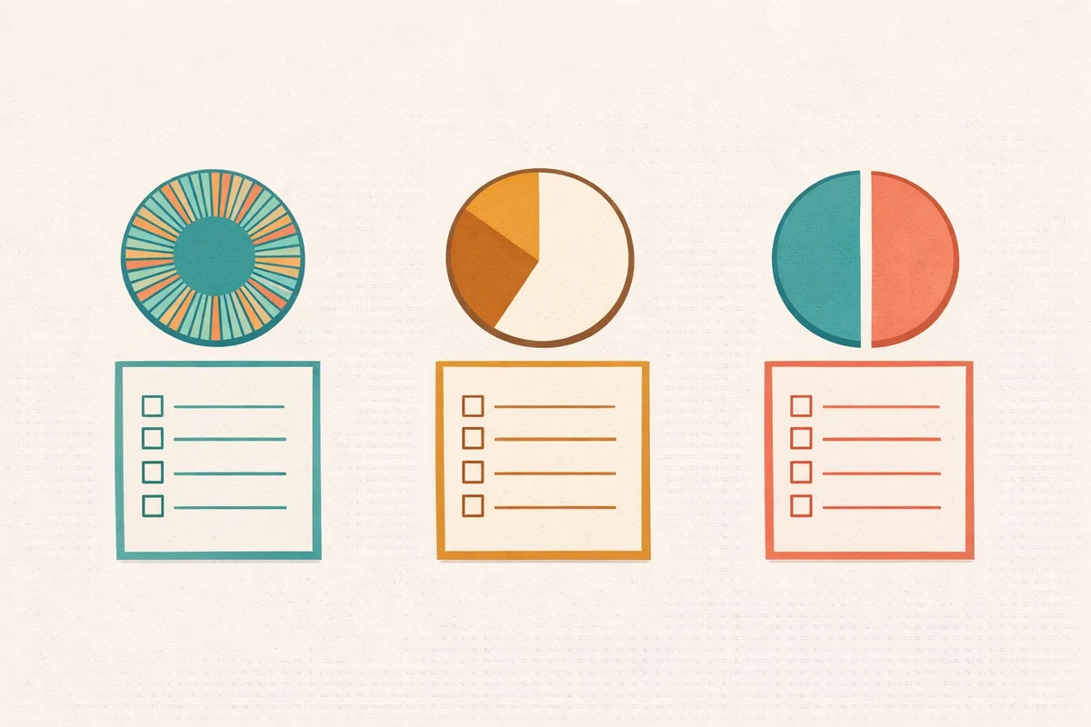 Three abstract exam papers each paired with a different circular timing motif, showing sprint, reading-time and split-section pacing shapes