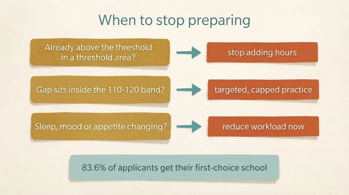 Decision flow showing when to stop preparing, ending with the fact that 83.6% of applicants receive their first-choice school