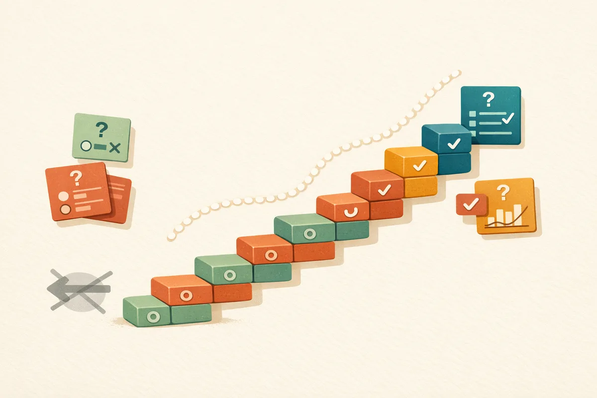 Illustration of a branching staircase of blocks rising for correct answers and stepping down for incorrect ones, with a crossed-out back arrow