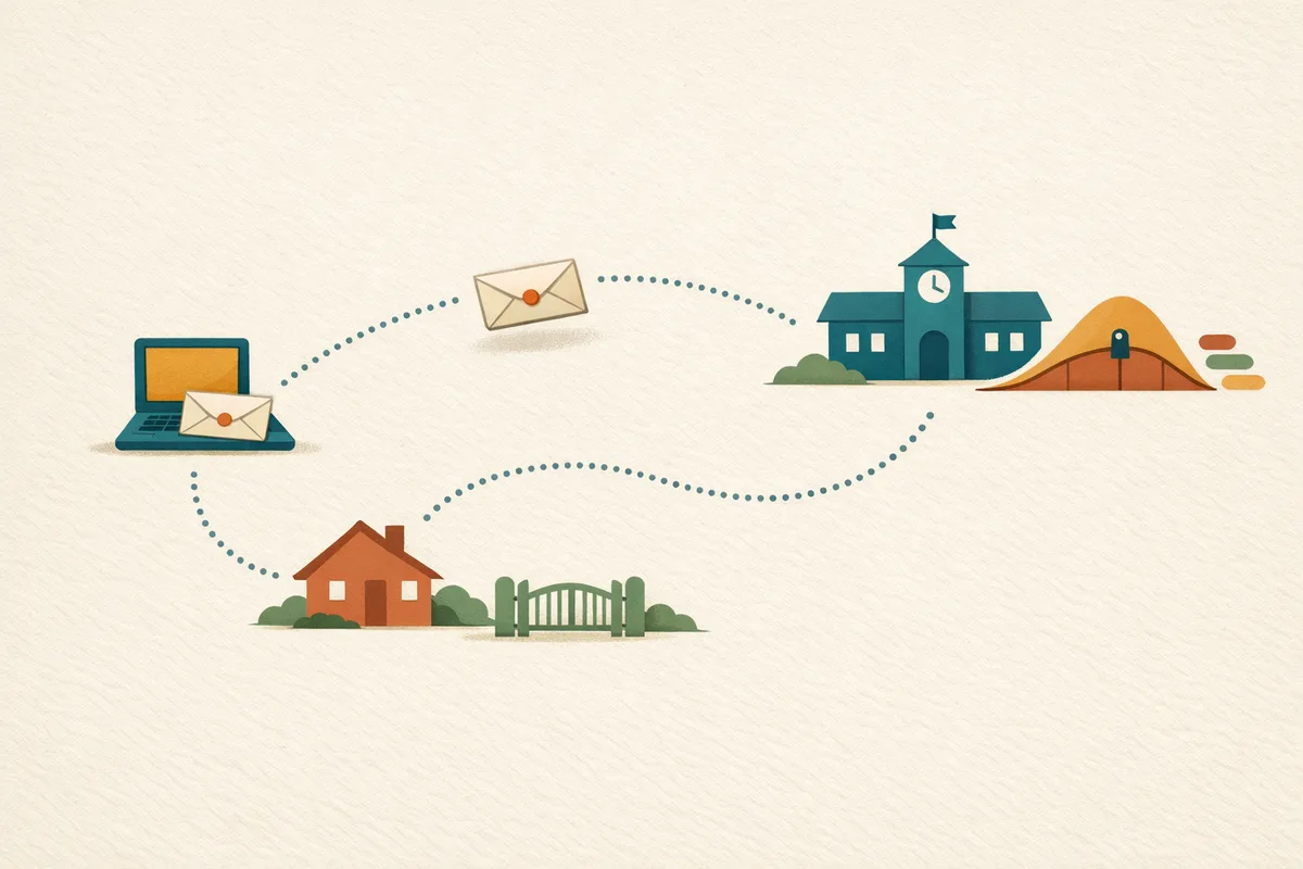 Illustration of a sealed envelope travelling from a laptop to a school building, with a second route to a house ending at a closed gate