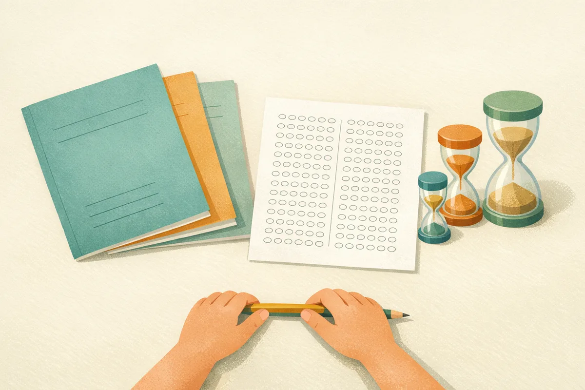 Overhead illustration of stacked exam booklets, a multiple-choice answer sheet and small sand timers on a desk