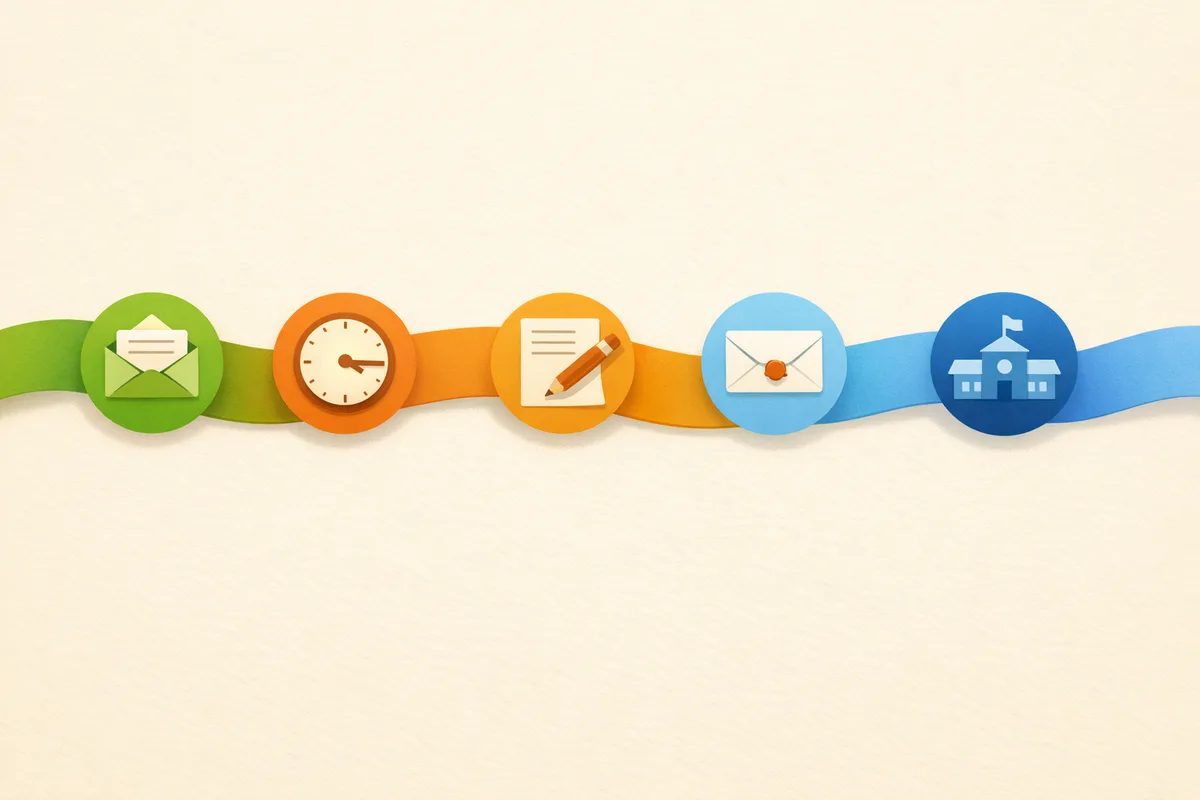 Illustrated timeline ribbon with five milestone markers representing registration, the test, results day and the application deadline