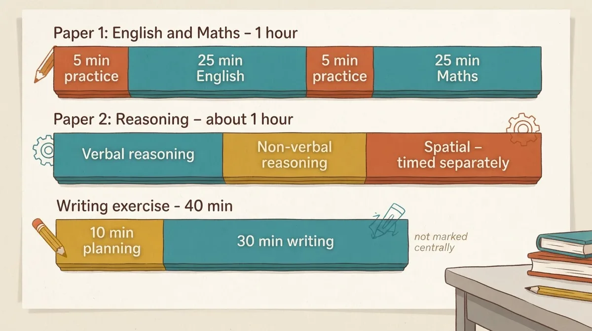Diagram of the Kent Test structure showing the one-hour English and maths paper, the one-hour reasoning paper and the forty-minute writing exercise