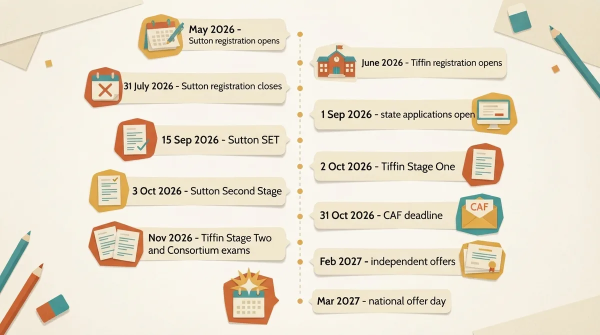Vertical timeline of London 11 plus milestones from May 2026 registration to March 2027 national offer day