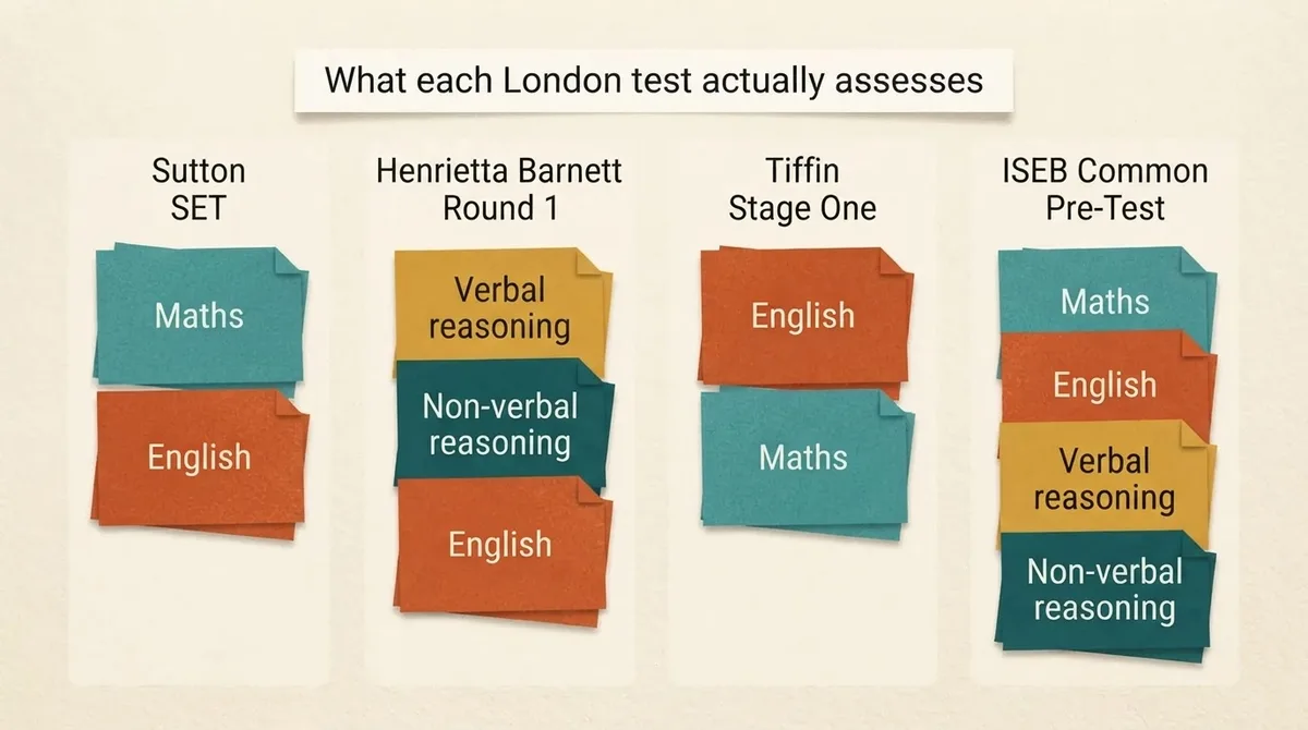 Comparison of what the Sutton SET, Henrietta Barnett Round 1, Tiffin Stage One and the ISEB Common Pre-Test each assess