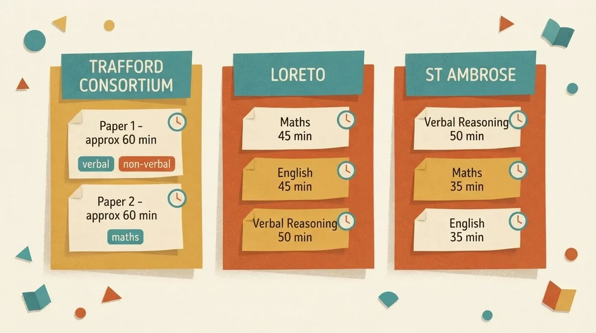 Three-column comparison of the Trafford Consortium, Loreto and St Ambrose entrance tests with paper timings