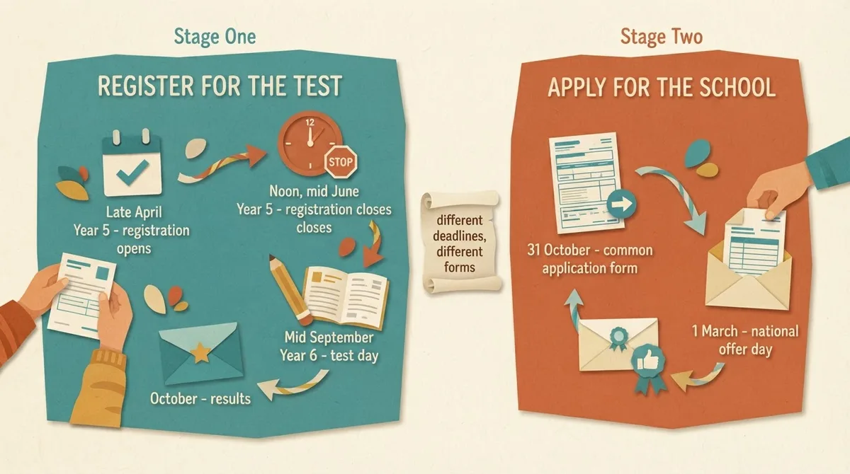 Two-stage timeline showing test registration in Year 5 and the school application in Year 6 as separate processes with different deadlines