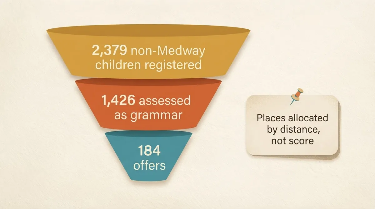 Funnel showing 2,379 non-Medway registrations narrowing to 1,426 grammar assessments and 184 offers for 2026 entry