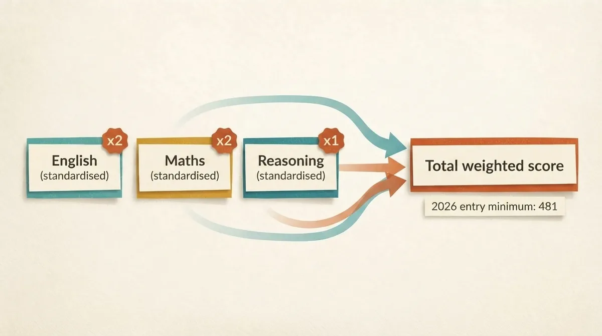 Diagram showing standardised English and Maths each doubled and reasoning counted once, combining into a total weighted score with the 2026 minimum of 481