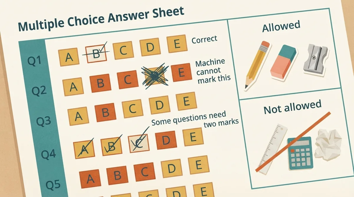 Illustration of a computer-marked answer sheet showing a correct thin pencil line, a scribbled-out box that cannot be marked, and allowed and disallowed equipment