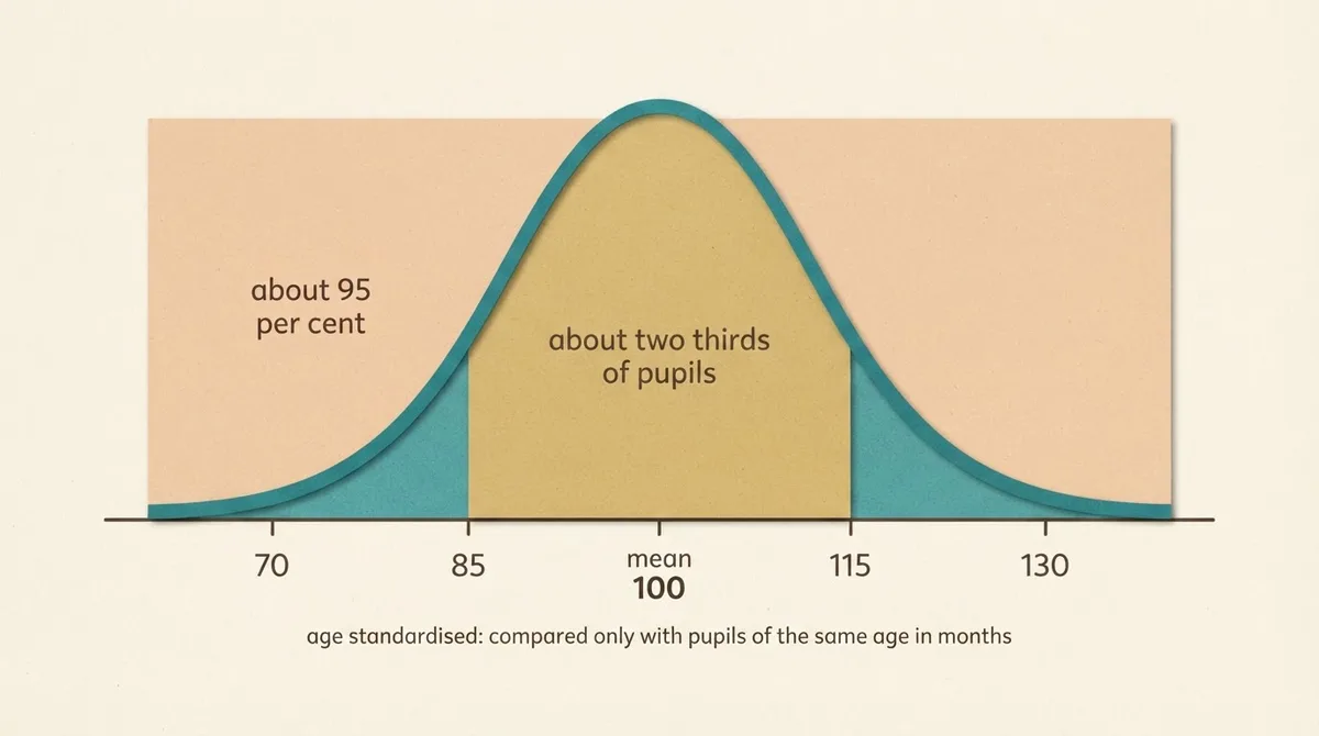 Bell curve showing standard age scores centred on 100, with bands at 85 to 115 and 70 to 130