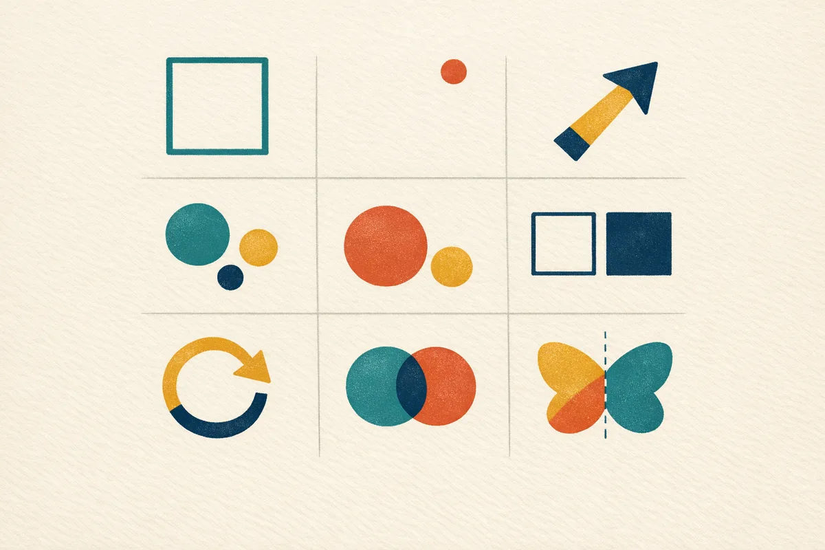 Nine abstract tiles showing the visual variables in non-verbal reasoning: shape, position, angle, number, size, shading, rotation, overlapping and symmetry