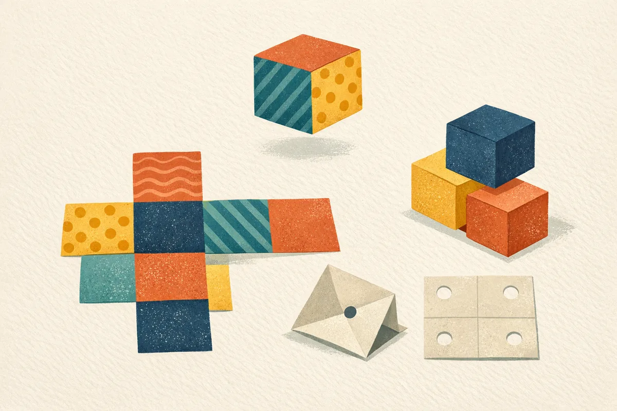 Illustration of a cube net, a folded cube, a stack of blocks and a folded paper with punched holes