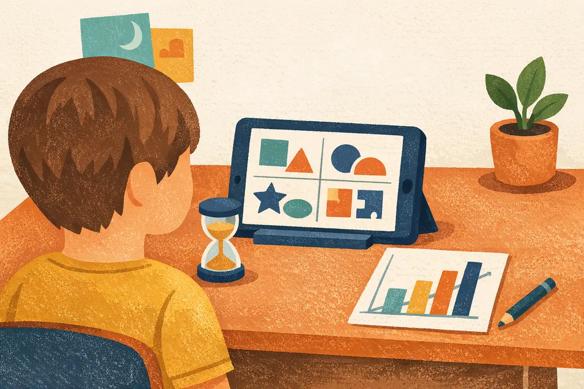 Side view of a child at a desk working through shape puzzles on a tablet beside a sand timer and a progress chart