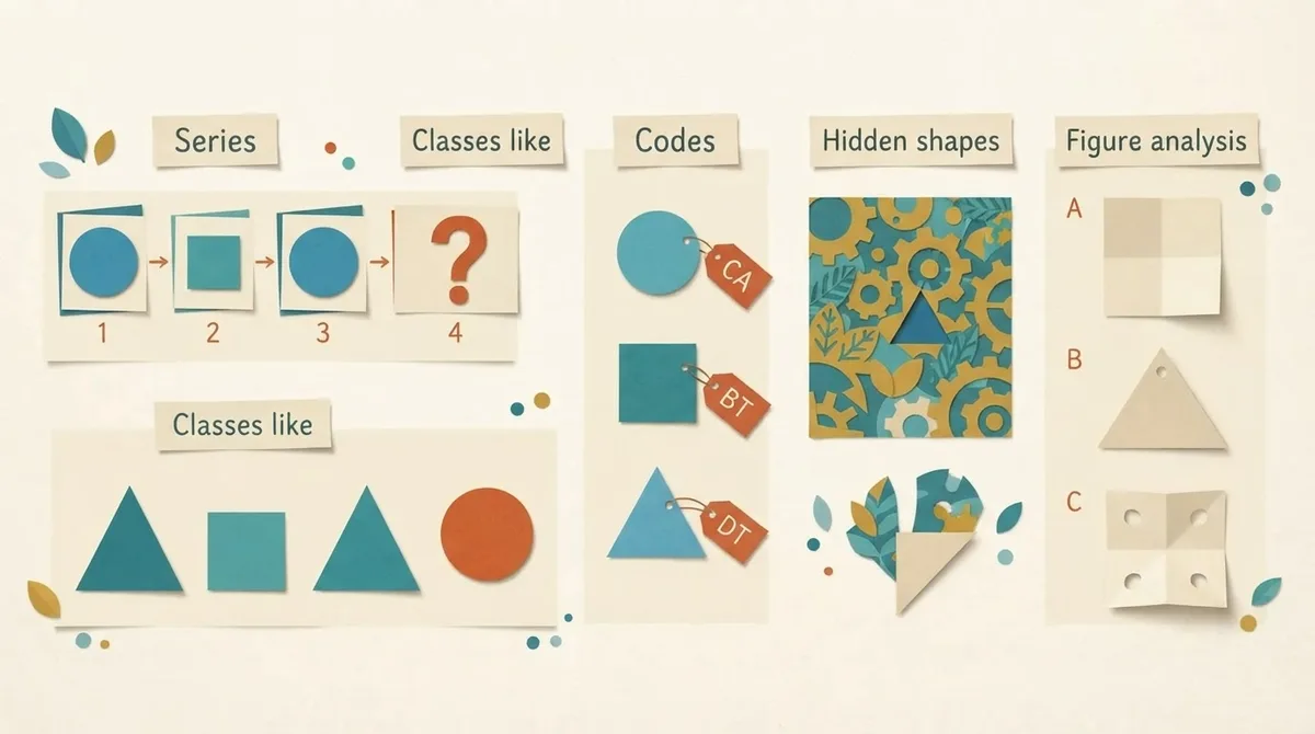 Diagram of the five non-verbal reasoning question families: series, classes like, codes, hidden shapes and figure analysis